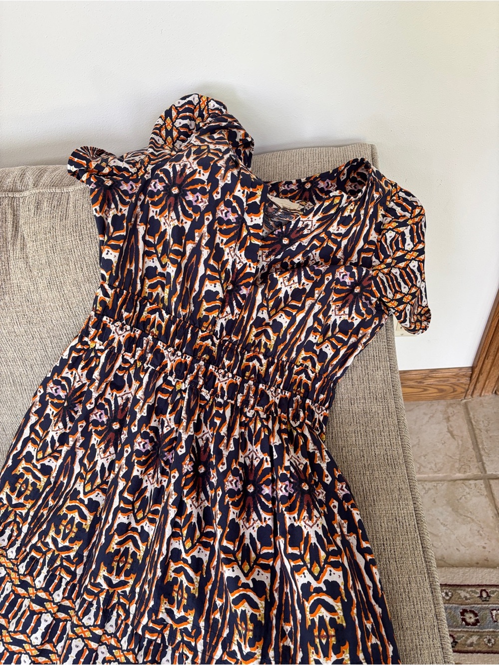 Anthropologie Navy, Orange & White Printed Maxi Dress
